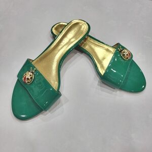 Talbots Size 8 Green Gold Slides Flats Sandals Lady Bug Summer Maximalist